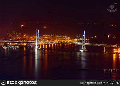 view of Yokohama Bay Bridge at night in Japan