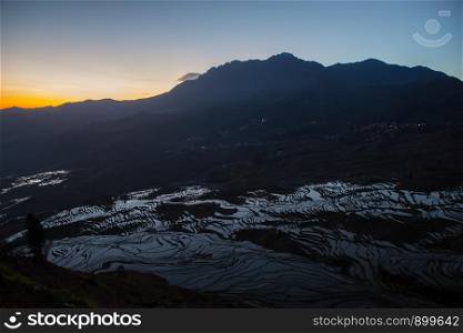 View of Yuan Yang Rice terraces with sunrise