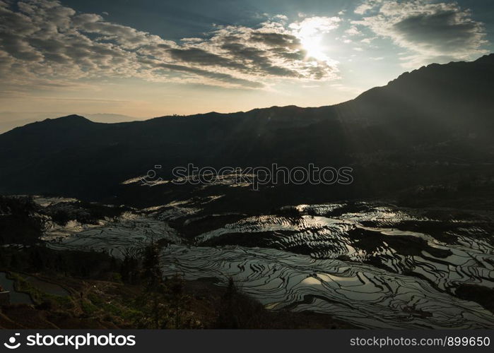 View of Yuan Yang Rice terraces with sunrise