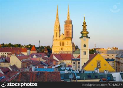 View of Zagreb Cathedral at sunset. Zagreb, Croatia