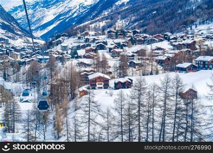 View of Zermatt Village covered with snow in the valley of the Alps Mountain Switzerland