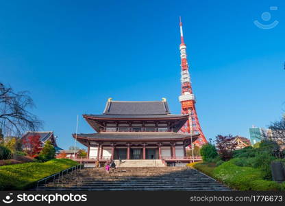 View of Zojoji Temple with Tokyo Tower in background , Japan.