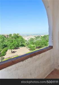 view on Alhambra palas from arch, Granada, Spain