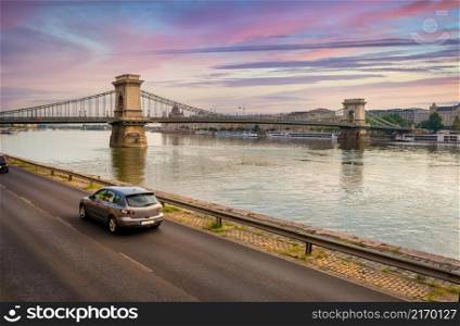 View on ancient Chain bridge in Budapest at summer