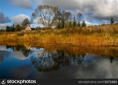 View on autumn landscape of river and trees in sunny day. Grass on river coast in autumn day. Reflection of autumn grass and house in water. Autumn in Latvia. Autumn landscape with colorful trees, yellow grass and river.