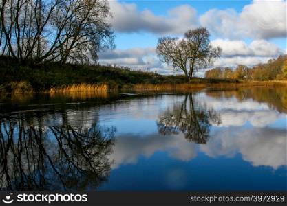 View on autumn landscape of river and trees in sunny day. Forest on river coast in autumn day. Reflection of autumn trees in water. Autumn in Latvia. Autumn landscape with colorful trees, yellow grass and river.