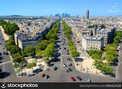 View on avenue de la Grande Armee and modern district of La Defense from Arc de Triomphe in Paris