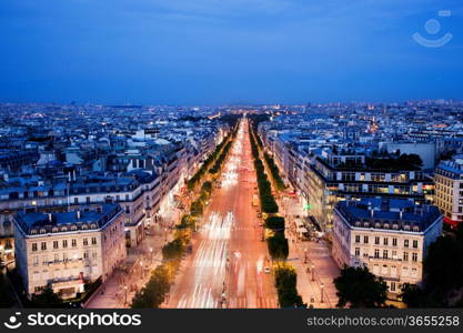 View on Avenue des Champs-Elysees from Arc de Triomphe at night Paris, France