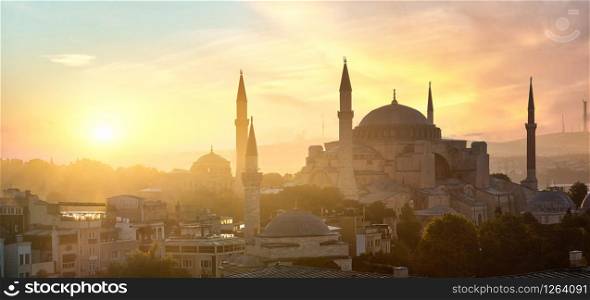 View on Ayasofya and cityscape of Istanbul at sunrise, Turkey. Ayasofya and cityscape