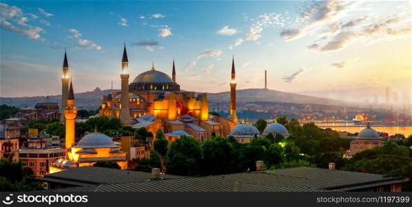 View on Ayasofya museum and cityscape of Istanbul at sunrise, Turkey. View on Ayasofya