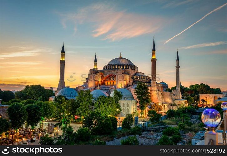 View on Ayasofya museum and cityscape of Istanbul at sunset, Turkey