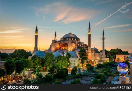 View on Ayasofya museum and cityscape of Istanbul at sunset, Turkey