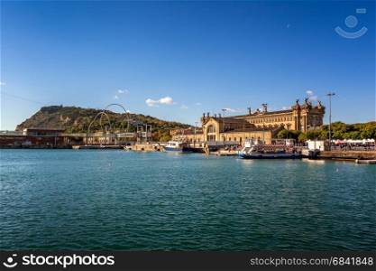 View on Barcelona Harbour and Montjuic Hill, Barcelona, Catalonia, Spain