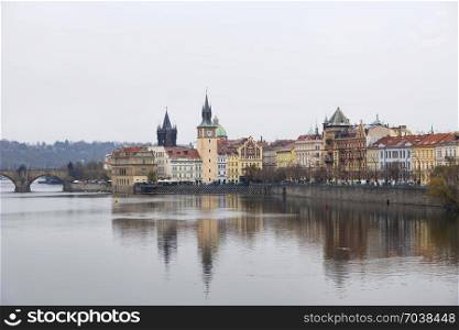 View on beautiful Prague from the Vltava river in cloudy autumn day, Old Town, Czech Republic