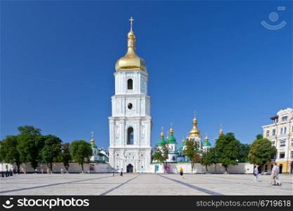 view on bell tower and Saint Sophia Cathedral through Sophia square in Kiev, Ukraine