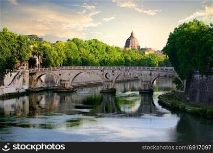 View on Bridge Sisto and river Tiber in Rome, Italy