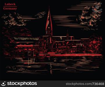 View on Church of St. Mary in Lubeck in Germany. Vector monochrome illustration in red color isolated on black background.