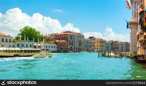 View on cityscape of Venice from motorboat in Grand Canal