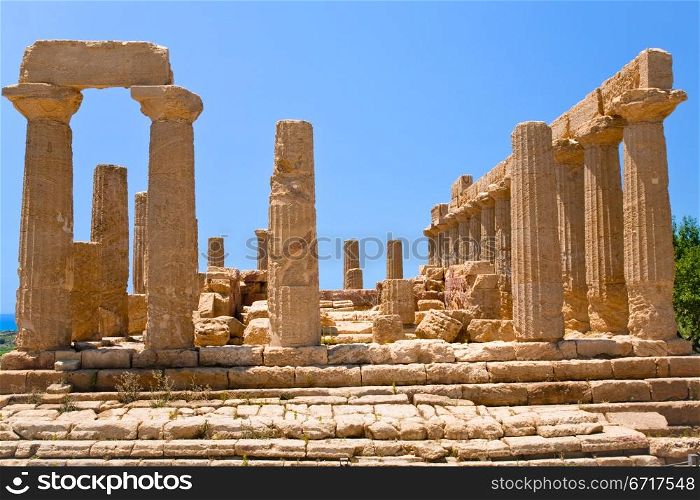 view on Dorian columns of Temple of Juno in Valley of the Temples in Agrigento, Sicily