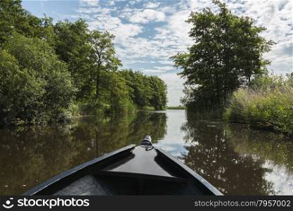 view on dutch nature area with water and green grass from wooden boat