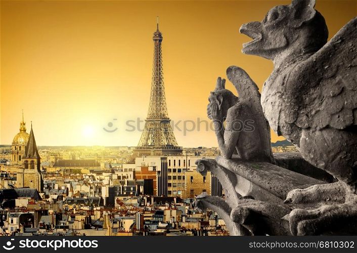View on Eiffel Tower and chimeras from Notre Dame de Paris, France