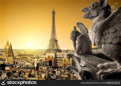 View on Eiffel Tower and chimeras from Notre Dame de Paris, France