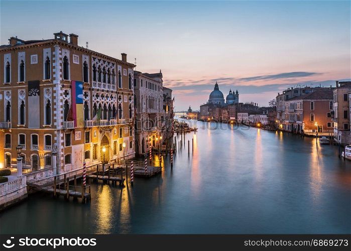 View on Grand Canal and Santa Maria della Salute Church from Accademia Bridge at Sunrise, Venice, Italy