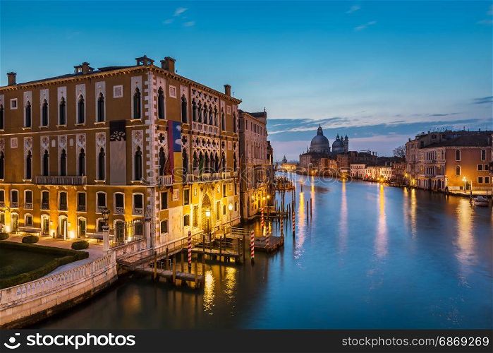 View on Grand Canal and Santa Maria della Salute Church from Accademia Bridge, Venice, Italy