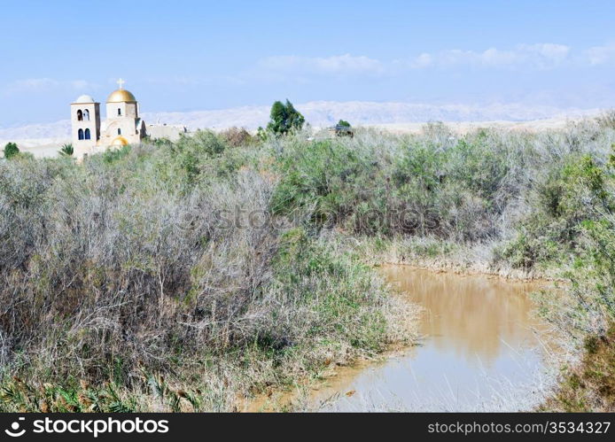 view on Jordan river Valley and St.John church near baptism site