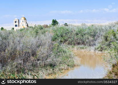 view on Jordan river Valley and St.John church near baptism site