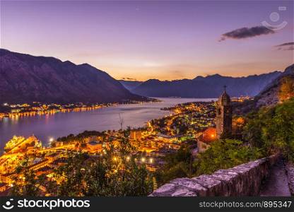 View on Kotor Bay and city from above at sunset, Montenegro. Kotor Bay from above