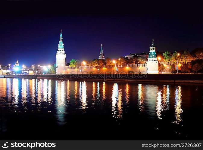 view on kremlin from river at night in Russia Moscow