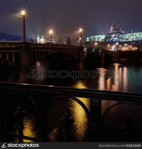 view on Manes bridge and Prague castle at night, Prague, Czech Republic
