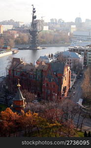 View on Moscow with river and monument to Peter the Great