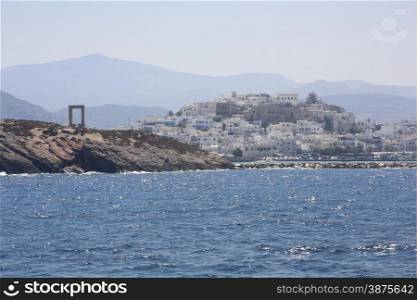 View on Naxos and Portala gate seen from the boat