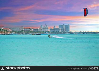 View on Palm Beach at Aruba island in the Caribbean Sea at sunset