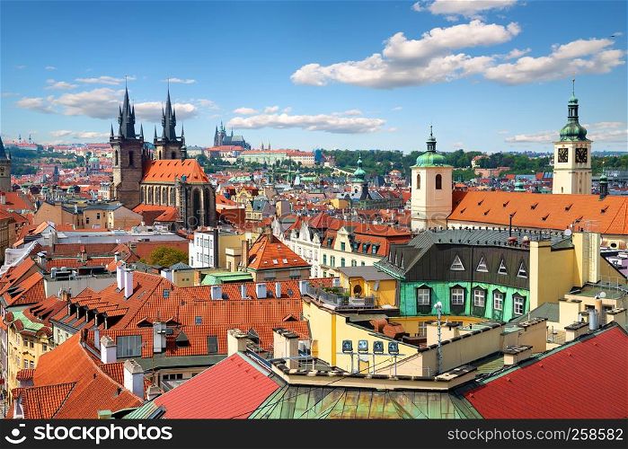 View on Prague cathedrals and res roofs from above