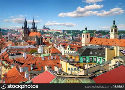 View on Prague cathedrals and res roofs from above