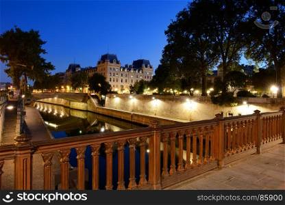 View on Promenade Maurice Careme from Pont au Double near Notre Dame de Paris, France