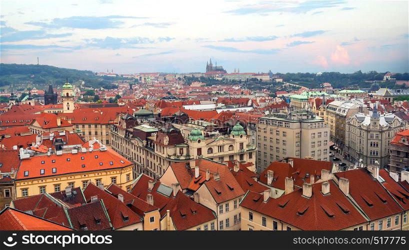 View on roofs of Prague and St Vitus cathedral from above
