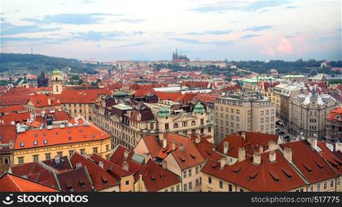 View on roofs of Prague and St Vitus cathedral from above