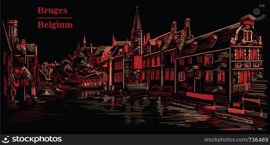 View on Rozenhoedkaai water canal in Bruges, Belgium. Landmark of Belgium. Vector hand drawing illustration in red color isolated on black background.
