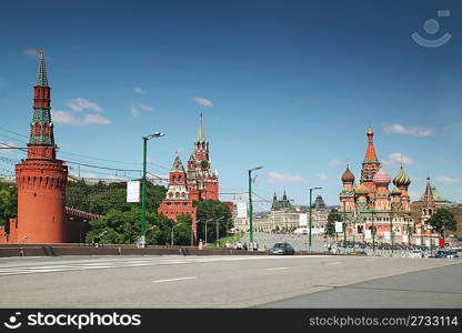 view on saint Basil cathedral and Kremlin in Moscow, Russia summer day