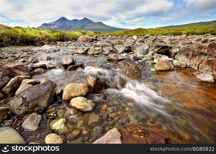view on Sgurr nan Gillean, Am Basteir and Sgurr a Bhasteir from Sligachan River, Isle of Skye, Scotland
