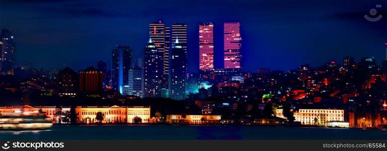 View on skyscrapers and Dolmabahce palace in european district of Istanbul at night, Turkey