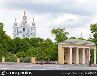 View on Smolnyi cathedral (Smolny Convent) St. Petersburg through the square of Proletarian dictatorship.