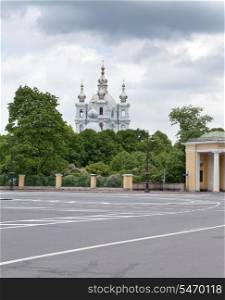 View on Smolnyi cathedral (Smolny Convent) St. Petersburg through the square of Proletarian dictatorship.