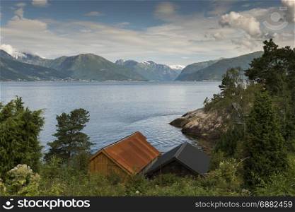 view on sognefjord in norway from Vik with balestrand across the water