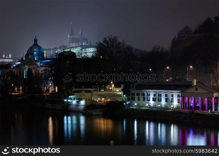 view on Strakas Academy and Prague castle at night, Prague, Czech Republic