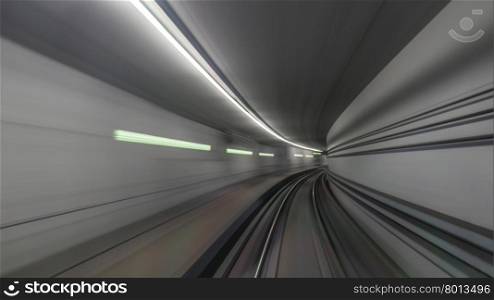 View on subway rails in tunnel from train. Subway rails in tunnel